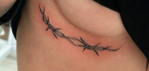 Bobbed Wire Tattoo, Barb Wire Spine Tattoo, Barbed Wire Underboob Tattoo, Barbed Wire Chest Tattoo, Bob Wire Tattoos, Underboob Tattoos For Women, Ll Tattoo, Inbetween Breast Tattoo, Barbwire Tattoo