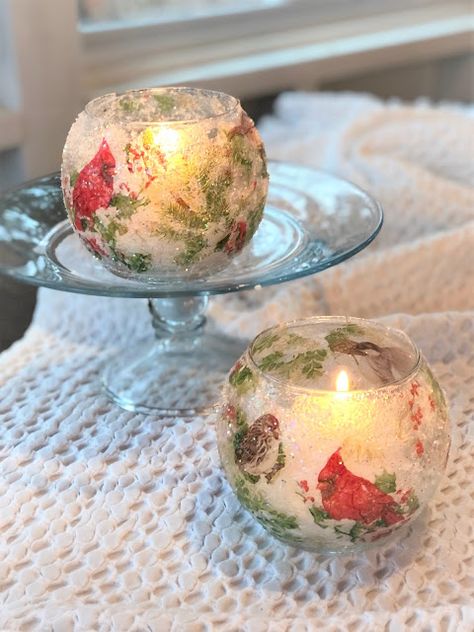 Christmas Votive Holders Diy, Frosted Candle Jars, Modge Podge Candle Holder, Modge Podge Glass, Diy Decoupage Christmas Ornaments, Votive Holders Diy, Decoupage Candle Holder, Glass Bottle Diy Projects, Frosted Candle Jar