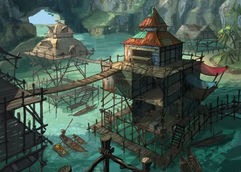 Water Village Concept Art, Pirate Town Concept Art, Water Village Fantasy Art, Fantasy Water Village, Water Village, Pirate Village, Village Drawing, Pirate Island, Fantasy Village