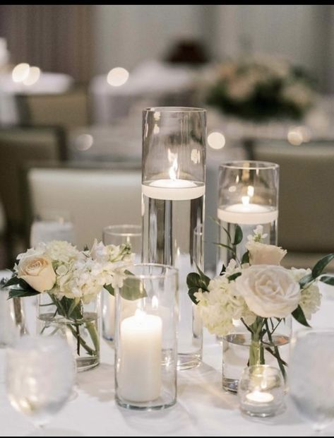 Simple Floral And Candle Centerpieces, Gold Candle Wedding Centerpieces, Candles Centrepiece Wedding, 3 Candle Centerpiece, 3 Candle Centerpieces Wedding, Candle And White Flower Centerpiece, Candle Floral Centerpieces, Candles On Table Wedding, Simple Wedding Centrepiece