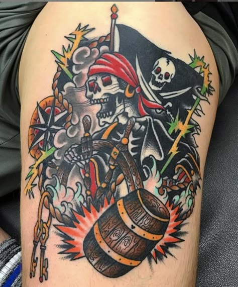 Wide Tattoo Design, Traditional Water Tattoo, Pirate Pinup Tattoo, Pirate Ship Tattoo Traditional, Pirate Tattoo Traditional, Tattoo Ideas Sea, Pirate Themed Tattoos, Pirate Flag Tattoo, Tattoo Ideas Random