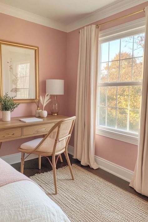 Pink Boho Interior, Coral Color Bedroom Ideas, Pink Accent Bedroom Ideas, House Painting Ideas Interior Bedroom, Pink And Gold Boho Bedroom, Blush Pink Farmhouse Bedroom, French Room Ideas, Cute Preppy Bedroom, Dusty Pink And Gold Bedroom