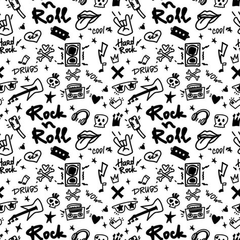 Rock n Roll seamless pattern. Black-white print for textiles, backgrounds, printing. Grunge style, hand lettered, vector illustration. Rock N Roll Illustration, Rock And Roll Background, Rock And Roll Illustration, Rock And Roll Logo, Grunge Patterns, Punk Pattern, Rock Baby Clothes, Rock N Roll Aesthetic, Music Doodle