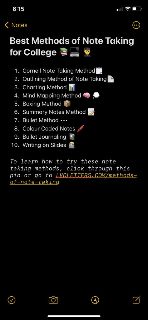 screenshot of college student’s notes on phone listing various productive methods of note taking for college students Notes Tips Ideas, Note Taking Methods For Math, Types Of Notes Taking Methods, How To Take Notes Effectively, Study Supplies Aesthetic, Notes Taking Methods, Effective Note Taking, Notes Methods, How To Take Aesthetic Notes