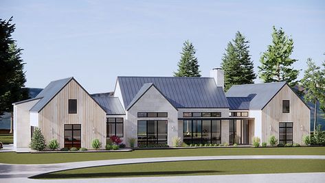 Modern Farm Floor Plans, German Farmhouse Plans, Modern Hill Country Exterior, Popular House Plans 2023, Open Floor Plans One Story, Modern Farmhouse Bungalow, Acerage Homes, Modern Scandinavian Farmhouse, Scandinavian House Plans