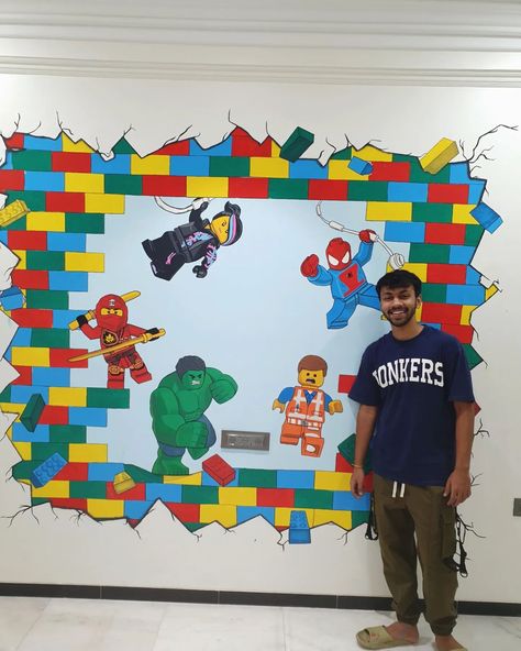 I PRESENT YOU THE LEGO WALL (Swipe to see the process) This artwork took us 5 days (50hrs+ cumulative) Cant believe this was my first ever wall paint work, I'm so proud of this work!! Looking forward to do more wall paintings! So if you want me to come paint your wall then drop a comment below!! #art #mural #wallpainting #wallmural #wallsrt #lego #legoart #painting Lego Mural, Boy Room Paint, Ceiling Mural, Lego Wall, Ceiling Murals, Boy Rooms, Lego Blocks, Lego Bricks, Boy Stuff