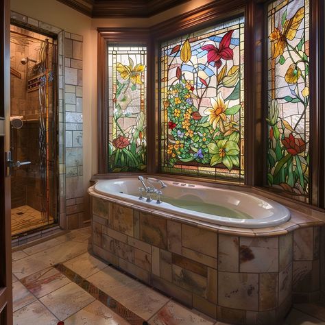 Transform your bathroom into a tranquil haven with nature-inspired stained glass windows. Vibrant leaves, flowers, and birds create a calming ambiance, inviting moments of serene contemplation amidst daily routines. Conceptual AI Art Follow @ecosapiens for more! Artsy Interior Design, Fairytale House, Pretty Bathrooms, Dream Life House, Glass Bathroom, Mediterranean Homes, Design Your Dream House, Dream Apartment, Daily Routines