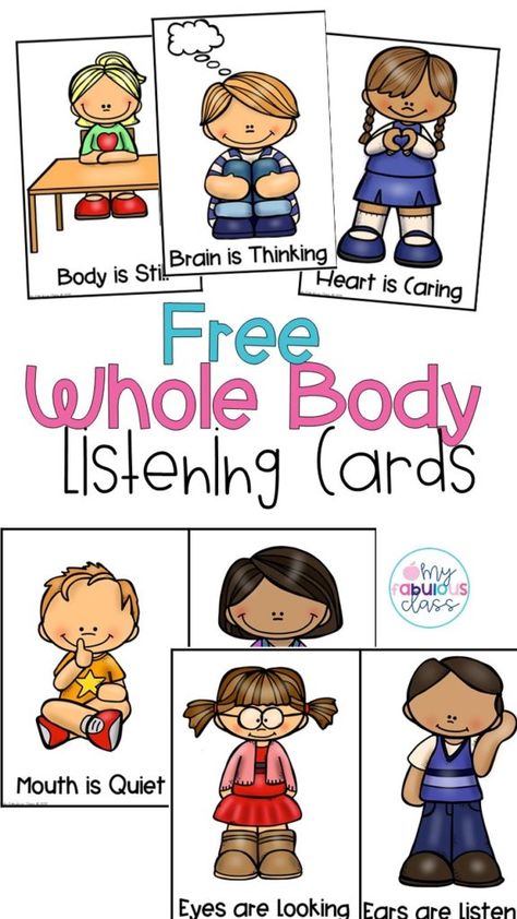 Whole Body Listening is a great way to teach kids classroom expectations. It provides studenst with visuals to support them throughtout the day. You can these whole body listening cards free on my blog. Perfect for Kindergarten Classroom, Preschool Classroom, and 1st grade Classroom. Get additional tips for classroom management. Positive Bheavior Management. Positive Reinforcement Kindergarten, What My Body Can Do Preschool, Kindergarten Classroom Visuals, Classroom Management Visuals, How To Get Preschool Class To Listen, Whole Body Listening Activities Preschool, Prek Classroom Visuals, Behavior Cards For Classroom, Visuals For Kindergarten