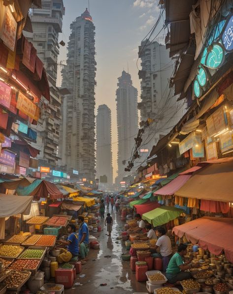 A futuristic cityscape in Mumbai with a traditional Indian environment, market, ladies and neon lights. . . Follow for more..🔥 . . #aiart #digitalart #india #futuristic Indian Cityscape, Futuristic Cityscape, Indian City, Fantasy Au, Ancient Indian Architecture, Mumbai City, Indian Market, Indian Architecture, Ancient India