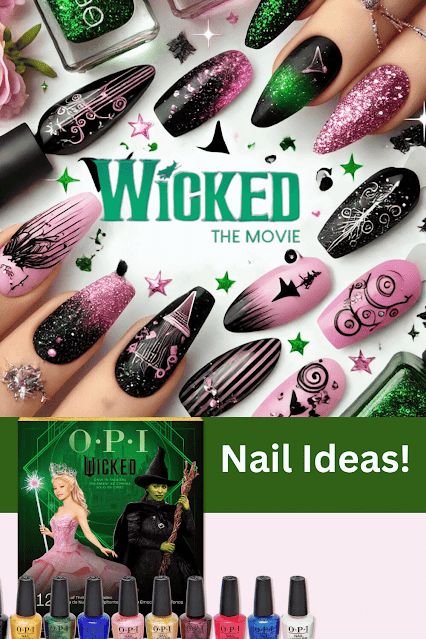 wicked-the-movie-nails-barbies-beauty-bits Wicked Nails Musical Simple, Wicked The Movie Nails, Wicked Movie Nail Art, Wicked Movie Inspired Nails, Wicked Nails Musical Glinda, Wicked The Musical Nails, Wicked Musical Inspired Nails, Wicked Glinda Nails, Wicked Nails Designs