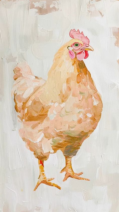 This painting depicts a chicken with its head turned to the viewer's right. The chicken has light brown feathers with some white feathers on its neck and a pink comb ->> more details in ai-img-gen.com Modern Cottage Living Room, Chicken Portrait, Brown Chicken, Light Cream Color, Cottage Living Room, Cottage Living Rooms, Chickens And Roosters, Modern Cottage, Realistic Paintings