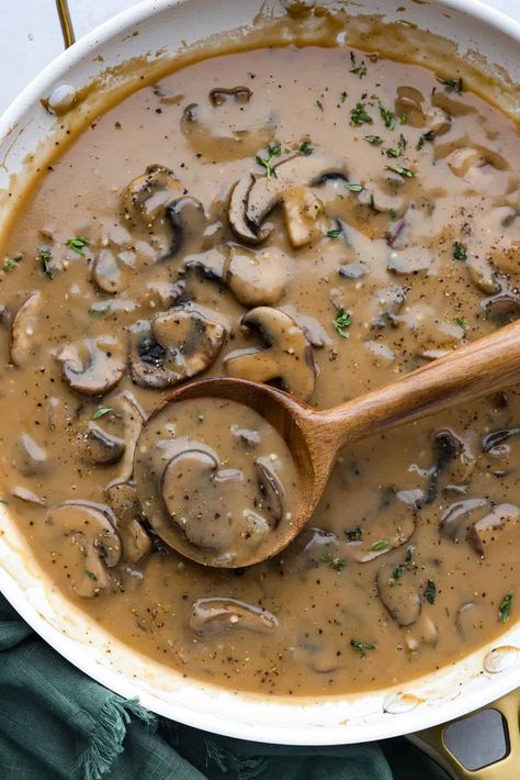 Savory Mushroom Gravy Pioneer Woman Mushroom Gravy, Mushroom Onion Gravy Recipe, Round Steak Mushroom Gravy, Brown Mushroom Gravy Recipe Easy, Meat With Mushrooms Recipe, Mushroom Sauce For Perogies, How To Make Mushroom Gravy, Mushroom Gravy Sauce, Easy Mushroom Sauce For Chicken