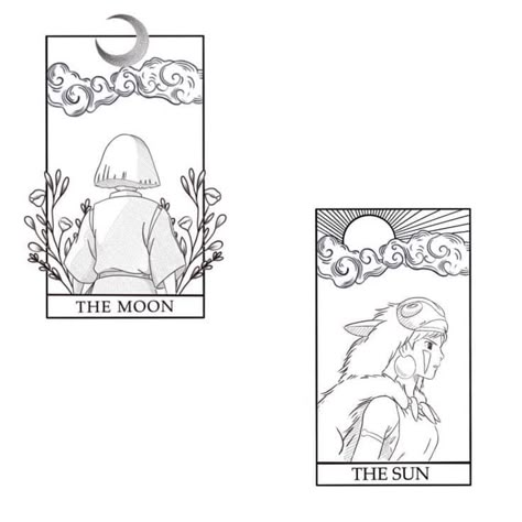 The Moon Card Tattoo, Studio Ghibli Tarot Card Tattoo, The Moon Tarot Card Drawing, Sun Moon Tarot Card Tattoo, Studio Ghibli Tarot Cards, Anime Tarot Card Tattoo, Sun Tarot Card Drawing, Moon Card Tattoo, Ghibli Tarot Cards