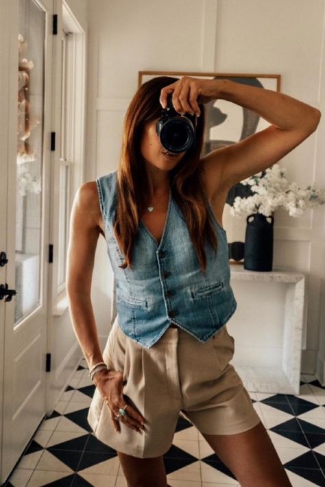 Denim Vest Outfits For Women, Denim Vest Outfit Summer, Denim Vest Outfit, Vest Outfits For Women, Resort 2024, Fall Vest, Denim Vests, Vest Outfit, She Is Clothed