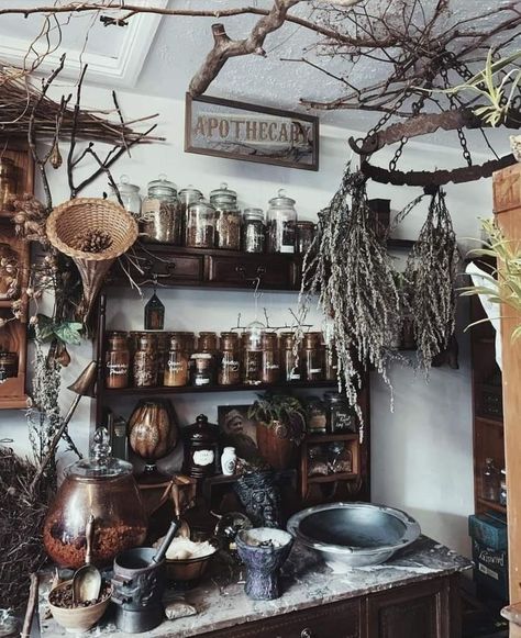 Witch Bathroom, Herbalist Aesthetic, Dark Green Cabinets, Green Witch Aesthetic, Goth Apartment, Witchy Shop, Greenhouse Windows, Healing Spell, Witchy Cottage