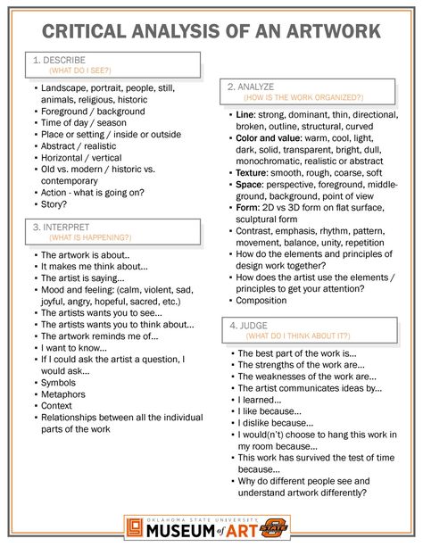 Critical Anaysis of an Artwork Describe, analyze, interpret, and judge an object using these guidelines. Formal Analysis Art, How To Critically Analyse, Art Analysis Gcse, Art Critique Words, Analyzing Art Worksheet, How To Critique Art, Art Vocabulary Worksheets, History Teaching Ideas, Art Vocabulary