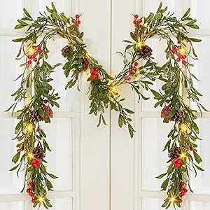 Garland Above Kitchen Cabinets, Lighted Christmas Garland, Stairs Indoor, Flocked Garland, Olive Wreath, Above Kitchen Cabinets, Christmas Shower, Pine Cone Decorations, Outdoor Decorations