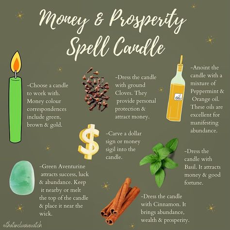 That Inclusive Witch | Maddy ☾ on Instagram: “Money & Prosperity Spell Candle💰💚✨ . I personally like to do money magick either during the full or new moon. I always feel like those are…” Prosperity Spell Candle, New Moon Spells Money, Spell To Sell House, Prosperity Candle Spell, Success Candle Spell, Good Witch Spells, Full Moon Spells Money, Cloves Witch Craft, Full Moon Money Ritual