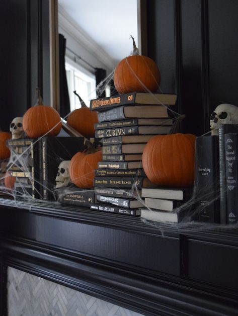 Halloween Mantel Spooky Mantle, Candle Content, Halloween Tier Tray, Decorating With Books, Bookish Decor, Halloween Mantle, Albion Fit, Halloween Mantel, Fireplace Mantle Decor