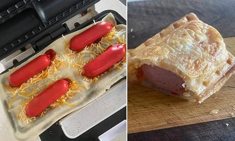 How to make carnival-style hot dogs at home using a sausage roll maker Puff Pizza, Sausage Roll Recipes, Simple Food Ideas, Sandwich Maker Recipes, Sausage Pie, Mini Pie Maker, Pie Maker Recipes, Mini Pie Recipes, Rolled Sandwiches