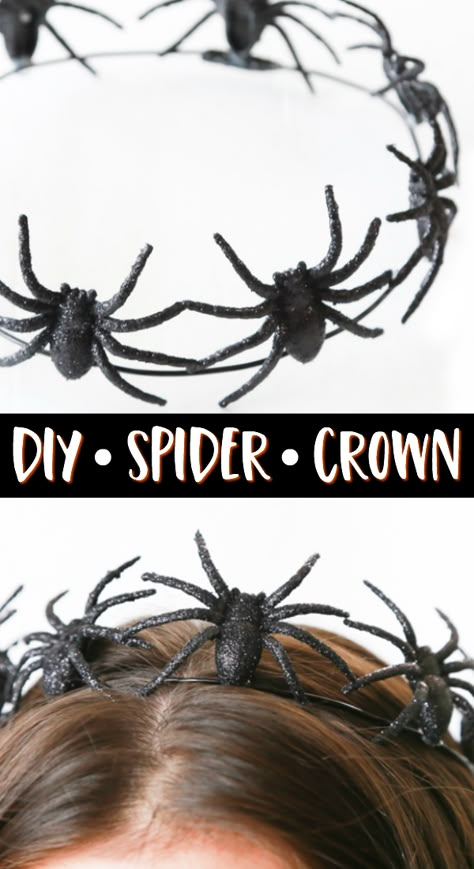 Spiders have never looked so good (or sparkly). With just a few supplies you can make this DIY Spider Crown - a perfect accessory for Halloween. Even if you're not dressing up for Halloween this year, this Halloween crown is a must-have. #halloween #halloweencrown #halloweencraft  via @simplymommy Spider Headpiece Diy, Spider Costume Diy Women, Spider Halloween Costume Women, Diy Halloween Hair Accessories, Diy Halloween Headbands, Spider Crown, Spider Halloween Costume, Halloween Accessories Diy, Spider Headband