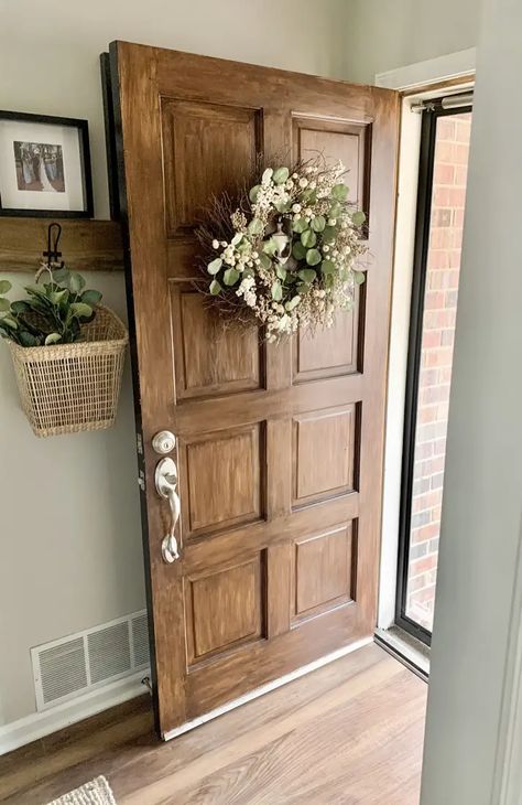 Wood Color Front Door, White House Front Door Color, Wood Look Front Door, Faux Wood Front Door, Door Colors For White House, Stained Wood Front Door, Mobile Home Front Door, Brown Front Door, Stained Front Door