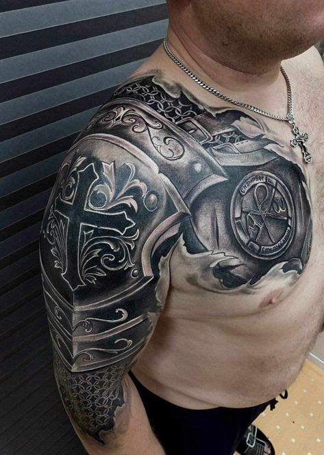 Shoulder Plate Armor Tattoo, Armor Shoulder Tattoo, Homunculus Tattoo, Tattoo Backgrounds, Coronas Tattoo, Armor Sleeve Tattoo, Owl Tattoo Chest, Armour Tattoo, Forearm Cover Up Tattoos