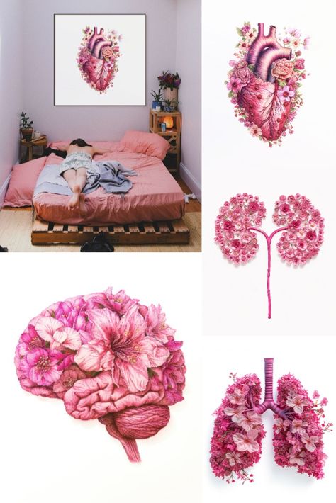 A set of 4 prints of anatomical heart, brain, lungs and kidneys with pink flowers growing out of them that could be the perfect gift for St Valentine’s Day or serve as matching artworks for any home or medical wall decor. Pink Flowers Printable, Anatomy Wall Art, Floral Anatomy, Medical Decor, Drawing Floral, Heart Brain, Flowers Growing, St Valentine, Anatomical Heart