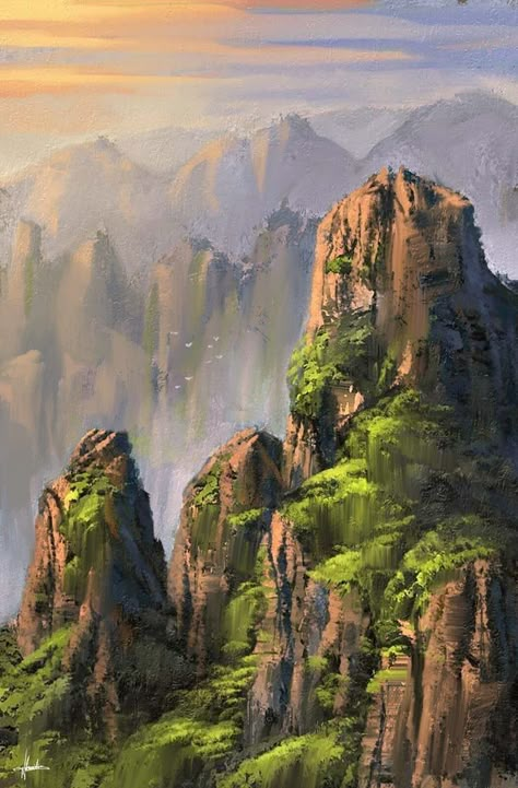 Asian Mountain Painting, Background Mountains Drawing, Mountain Landscape Digital Art, Digital Painting Landscape Fantasy Art, Digital Art Nature Landscapes, Fantasy Mountains Art, Asian Mountain Art, Mountain Digital Painting, Digital Art Mountains