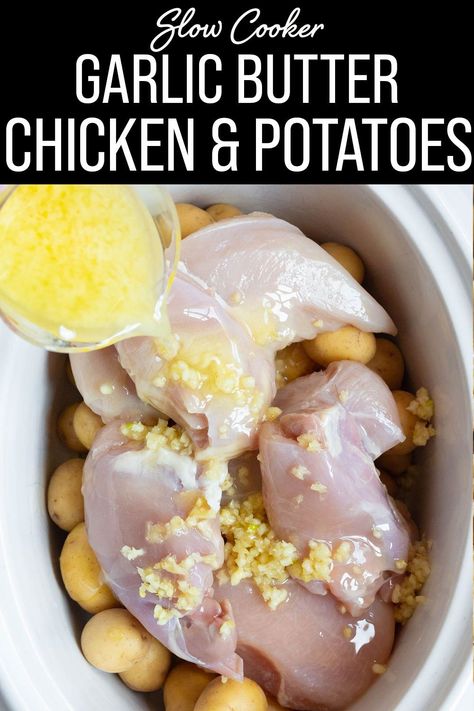 This cozy and delicious Slow Cooker Garlic Butter Chicken and Potatoes is a family-friendly all-in-one meal to warm you up this winter! Slow Cooker Garlic Butter Chicken And Potatoes, Chicken And Potato Slow Cooker, Potatoes Chicken Crockpot, Chicken And Potatoes Slow Cooker Recipes, Crockpot Meals Chicken And Potatoes, Garlic Butter Chicken And Potatoes Crockpot, Chicken Thigh Potato Crockpot, Chicken Recipes In Slow Cooker, Garlic Chicken Potatoes Crock Pot