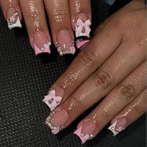 24Pcs French Tip Press on Nails Short with Charms Bow Flower Design, Pink French Nails Press ons Cute Bow Stick on Nails Short Square Shape Acrylic Nails Rhinestones Nails for Women Fake Nail Tips, Nails Short Square, Kitty Nails, French Manicure Nails, Press On Nails Short, Manicure Tips, Nail Type, Acrylic Nails Designs, Hello Kitty Nails