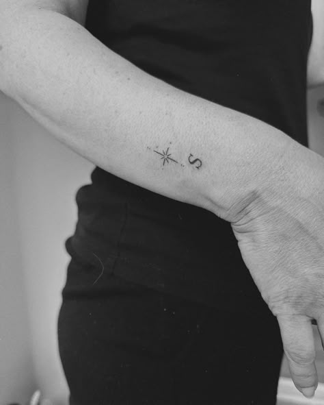 We combined a lucky star and the initial of my client’s daughter✨ Get in touch with me for your next tattoo session! Initial Tattoo With Star, Initial And Star Tattoo, Star Tattoo With Initials, Starcrossed Lovers Tattoo, Two Initial Tattoo, Initial Tattoo C, Boyfriend Initial Tattoo, Lucky Star Tattoo, T Tattoo Initial