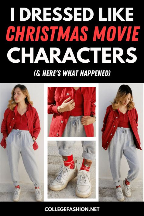 Christmas is almost here, so I got inspired by 5 different Christmas movies for my outfits this week. #christmasfashion #christmasmovieoutfits #christmasoutfits Christmas Book Character Costume, Popular Christmas Characters, Characters From Christmas Movies, Obnoxious Christmas Outfit, Simple Christmas Costumes Diy, Christmas Character Diy Costume, Holiday Character Dress Up, Dress Up As Christmas Character, Dress Up Christmas Character