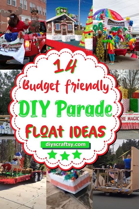 DIY Parade Float Easy Float Decorations Parade, Candy Land Themed Parade Float, Christmas Parade Ideas For Trucks, How To Decorate A Pick Up Truck For Christmas Parade, Grad Float Ideas, Truck Bed Parade Float, Night Parade Float Ideas, Parade Throws Ideas, Xmas Float Ideas