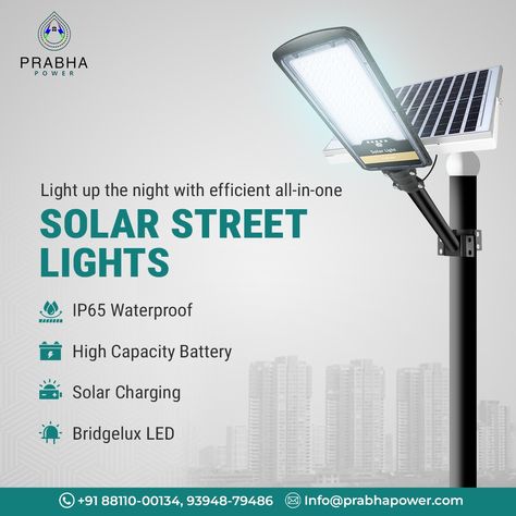 Light up the night with our efficient all-in-one solar street lights! 🌃✨ IP65 waterproof, high-capacity battery and solar charging combine with Bridgelux LED for unmatched efficiency. Let's light up your world! 🌟 📞 Contact Us: +91 9394879486 #SustainableLighting #SolarPower #EnergyEfficient #StreetLights #PrabhaPower #Guwahati #Assam Solar Logo, Podcast Advertising, Instagram Light, Led Street Lights, Light Up The Night, Solar Street Light, Street Lights, Ad Creative, Solar Charging