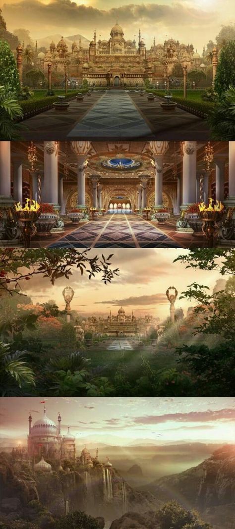 Hindu City Fantasy Art, Modern Fantasy Kingdom, Arabian Palace Fantasy Art, Golden Palace Fantasy Art, Fantasy Mosque, Pretty Landscapes Aesthetic, Fantasy Palace Aesthetic, Palace Concept Art, Classical Architecture Exterior