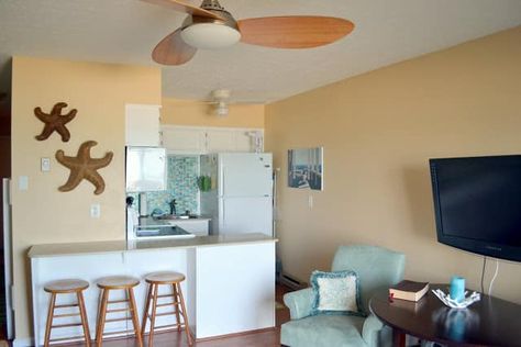 Small Beach Condo, Small Beach Condo Decorating Ideas, Beach Condo Decorating Ideas, Condo Decorating Ideas, Beach Condo Decor, Laminate Hardwood Flooring, Condo Renovation, Coastal Condo, Small Condo