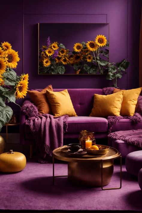 Step into this enchanting Sunflower sanctuary, a living room that dazzles with its vibrant colors and opulent textures. The walls, painted in an intoxicating shade of royal purple, set the stage for the dazzling Sunflower wall art that seems to bloom right before your eyes. A sumptuously upholstered purple sofa with plush yellow cushions invites leisurely lounging, while a modern golden coffee table adds a touch of glam. The sunflower’s beauty is further echoed in chic accents and throws. Purple Sofa Decor, Rooms With Yellow Accents, Purple Home Design, Purple And Yellow Living Room, Purple And Yellow Room Ideas, Purple Home Decor Living Room, Purple Sofa Living Room, Living Room Designs Purple, Purple Yellow Living Room