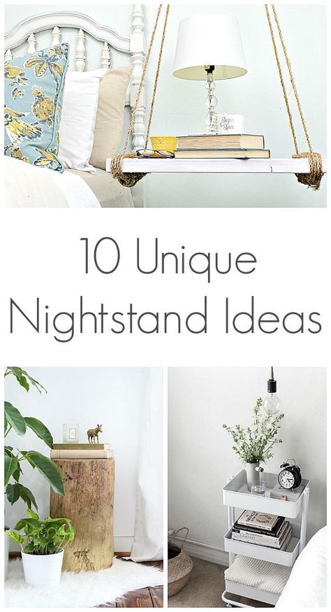 Ten Unique Nightstand Ideas - Loving these unique nightstand ideas. #bedroominspiration #nightstandideas Diy Bedside Tables Night Stands, Shelf Instead Of Nightstand, Nightstand Shelf Ideas, Small Bedroom No Nightstand, Diy Minimalist Nightstand, Night Stand Ideas Small Spaces, Shelves As Bedside Tables, Cheap Diy Nightstand, Daybed Nightstand Ideas