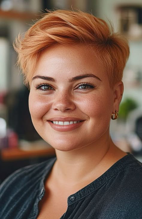 Pixie Hairstyles Red Hair, Pixie Cut On Chubby Face, Pixie Haircut Plus Size Women, Short Hairstyle Women Chubby Face, Peach Short Hair, Pixie Hairstyles Round Face, Short Hair On Plus Size Women, Round Face Haircuts Short Double Chin, Short Hair For Plus Size