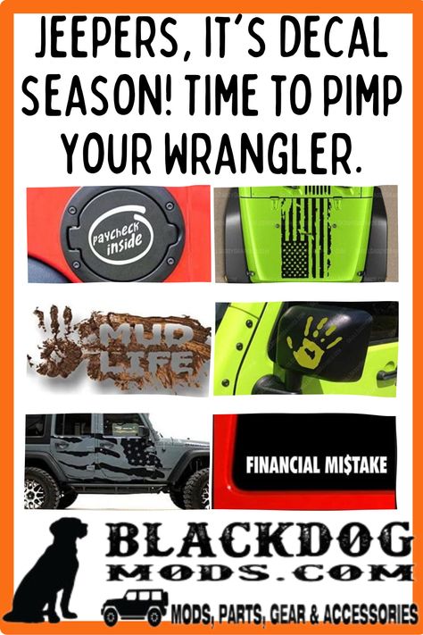 Jeepers, it's decal season! Time to pimp your Wrangler. Cricut Jeep Decals Vinyls, Jeep Themes Ideas, Jeep Art Drawing, Jeep Wrangler Themes, Jeep Wrangler Names Ideas, Jeep Decals For Women, Jeep Wraps Ideas, Jeep Decals Vinyls, Jeep Stickers Car Decals