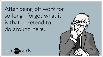 After being off work for so long I forgot what it is that I pretend to do around here. @Brittany Lewis this is for you and jason!! Back To Work Humour, Back To Work After Vacation, Work Humour, Work Funnies, Going Back To Work, Tech Girl, Work Funny, Vacation Humor, Funny Ecards