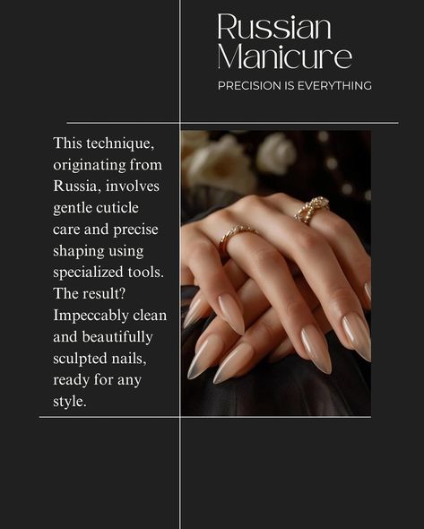 FLAWLESS NAILS 💅 ✨💕RUSSIAN MANICURES • DRY MANICURES• CUTICLE CARE… THE Russian manicure is not only visually stunning but also long-lasting and healthy for your nails… Please see a licensed professional‼️ Visit: @nailsbyingridnj The Best Nail Service In Jersey✨✨✨ #russianmanicure #efilemanicure #selflove #perfectnails #detailedmanicure #gelmanicure #nailartistry #healthynails#smallbusiness #womanshealth #blackhirlmagic #blackwomeninbusiness Russian Nails Manicures, Nail Content Ideas, Russian Nails, Manicure Pictures, Russian Manicure, Skincare Branding, Sculpted Nails, Cuticle Care, Nail Services