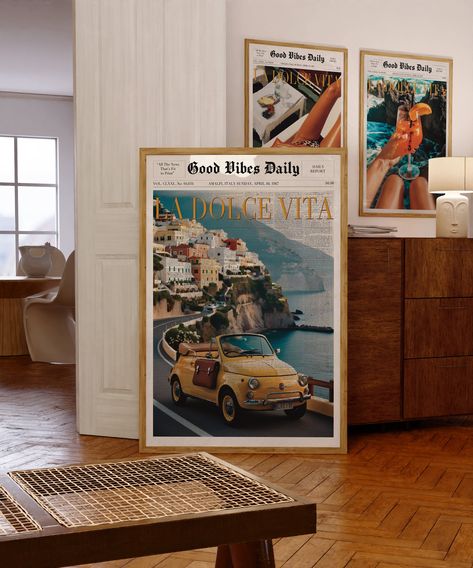 La Dolce Vita Poster, Trendy Newspaper, Vintage Car Poster, Amalfi Coast, Old Money, Retro Poster, 60s Wall Art, Beach Vibe, Vogue Print by bratcohouse on Etsy Old Money Poster, 60s Wall Art, Y2k Apartment, Wall Art Trippy, Retro Beach House, Newspaper Vintage, Wall Art Y2k, Vogue Poster, Vintage Italian Posters