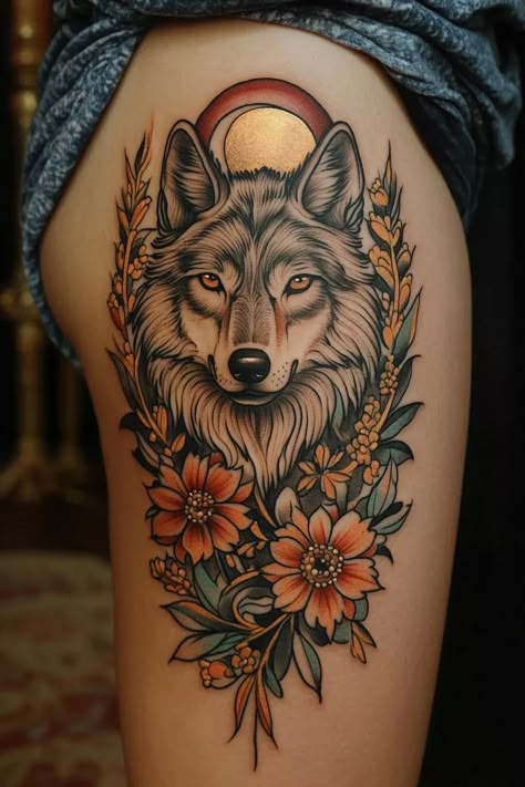 wolf 32 Hip Wolf Tattoos Women, Native Fox Tattoo, Wolf Tattoo With Dream Catcher, Bear Feminine Tattoo, Wolf And Moon Tattoo Design, Whimsical Forearm Tattoo, Women’s Wolf Tattoo, Husky Portrait Tattoo, Mother Son Wolf Tattoo