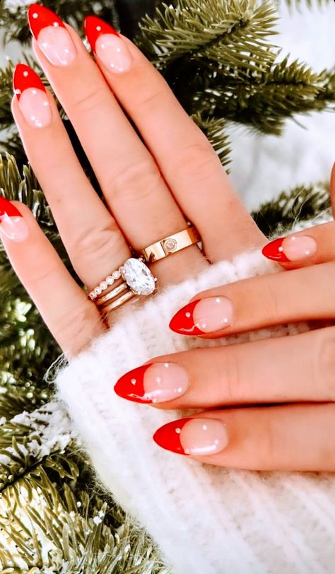 Taylor Swift Red Nail Art, Jordan Year Nails, Cute Christmas Nail Ideas For Teens, Holiday Nails Red Tips, Easy Red Christmas Nails, Winter Nail Ideas Acrylic Almond, Red Nail Designs Simple, Christmas Easy Nails, Clean Christmas Nails