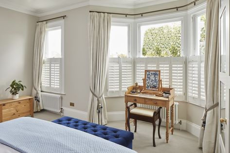 Cafe Style Shutters With Curtains, Curtains With Shutters Bedroom, Bay Window Shutters And Curtains, Cafe Style Shutters Bay Window, Half Shutters Interior Window, Cafe Shutters With Curtains, Window Shutters Bedroom, Bay Window Curtains Living Room, Shutters Bay Window