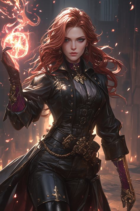 Human Sorcerer Female Dnd, Redhead Sorceress, Elf Sorcerer Female Dnd, Trickster Character Design, Female Sorcerer Dnd, Female Rogue Art, Red Hair Character Design, Mage Female, Arcane Archer