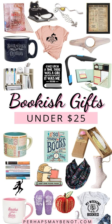 Looking for a bookish gift for the bookworm in your life? Check out these super cute affordable bookish gifts under $25! #bookgifts #gifts #giftguide #books #bookworm Book Lovers Merch, Gifts For Booklover, Gifts For Readers Book Lovers Diy, Stocking Stuffers For Book Lovers, Bookish Gifts Book Lovers, Gift Ideas Book Lovers, Book Gift Ideas Present, Bookish Gift Ideas, Book Basket Ideas