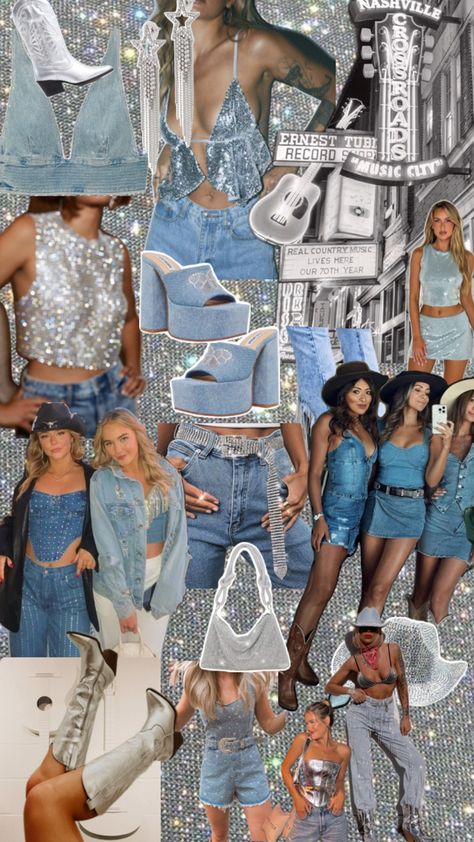 Denim Themed Party, Denim Cowgirl Outfit, Cowgirl Party Outfit, Denim And Diamonds Party Outfit, Cowgirl Bachelorette Party Outfits, Bachelorette Outfit Themes, Denim Party Outfit, Cowgirl Outfits Party, Diamonds And Denim Party